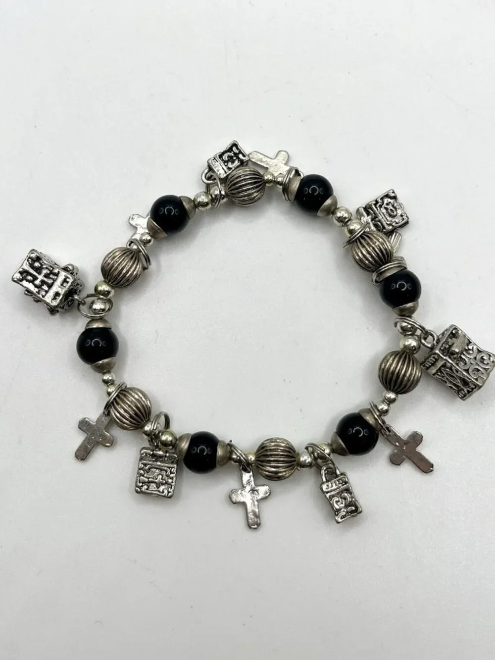 VTG Christian Charm Stretch Bracelet Silver Tone Cross Bible Religious Glass